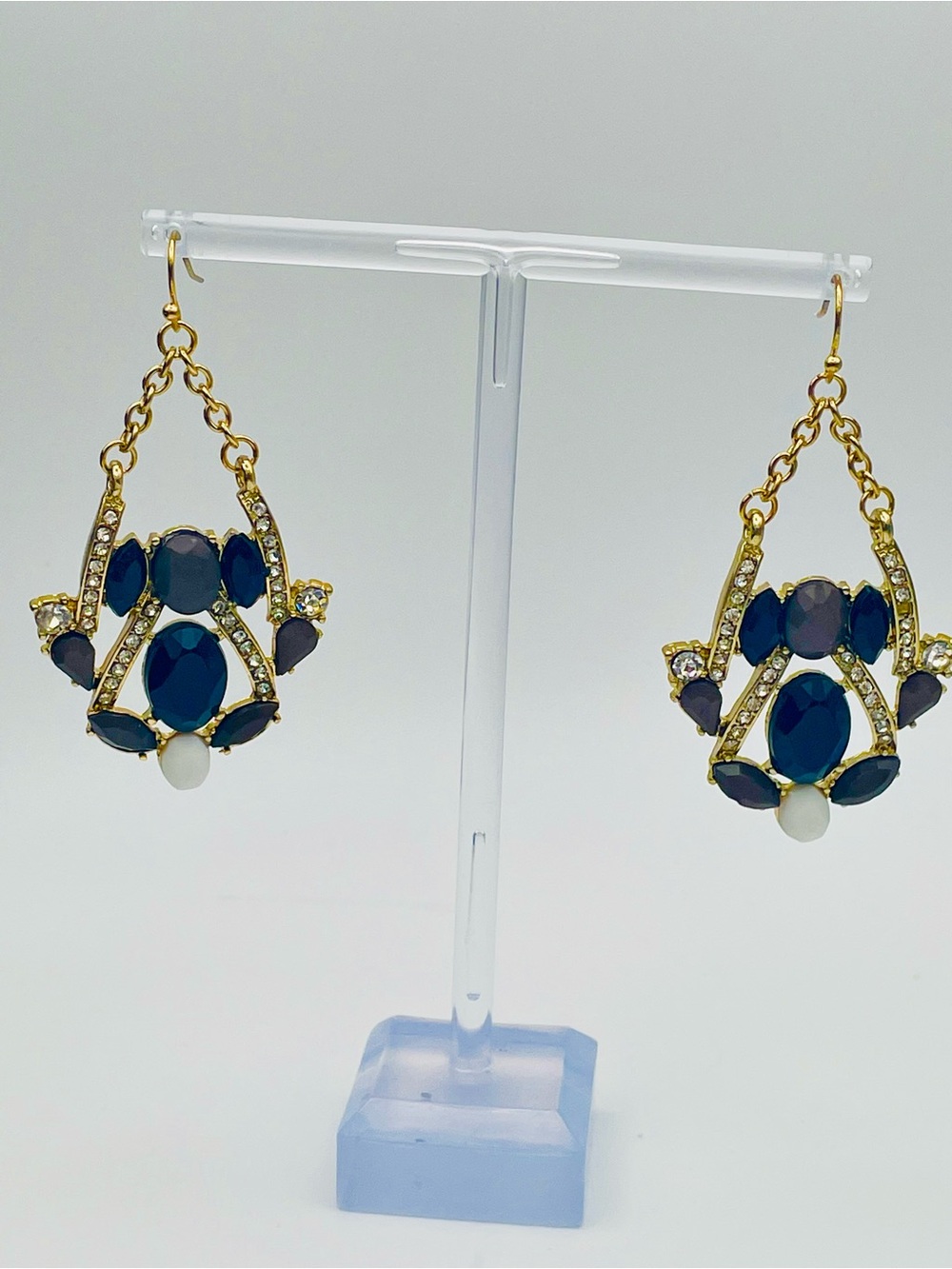 Gold-Tone Black Teardrop Crystal Dangle Earrings w/Brown, White, & Clear beads